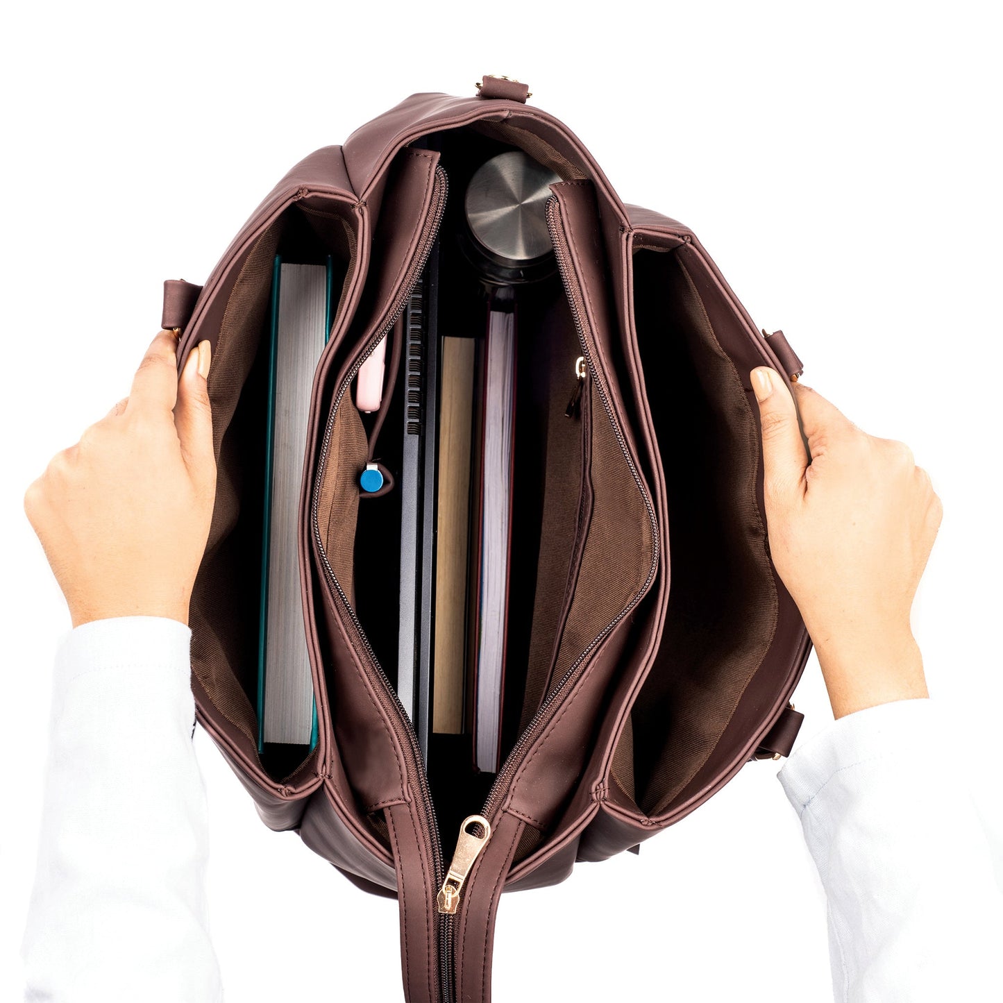 Aspire leather work tote with zipper showcasing multiple compartments for organization