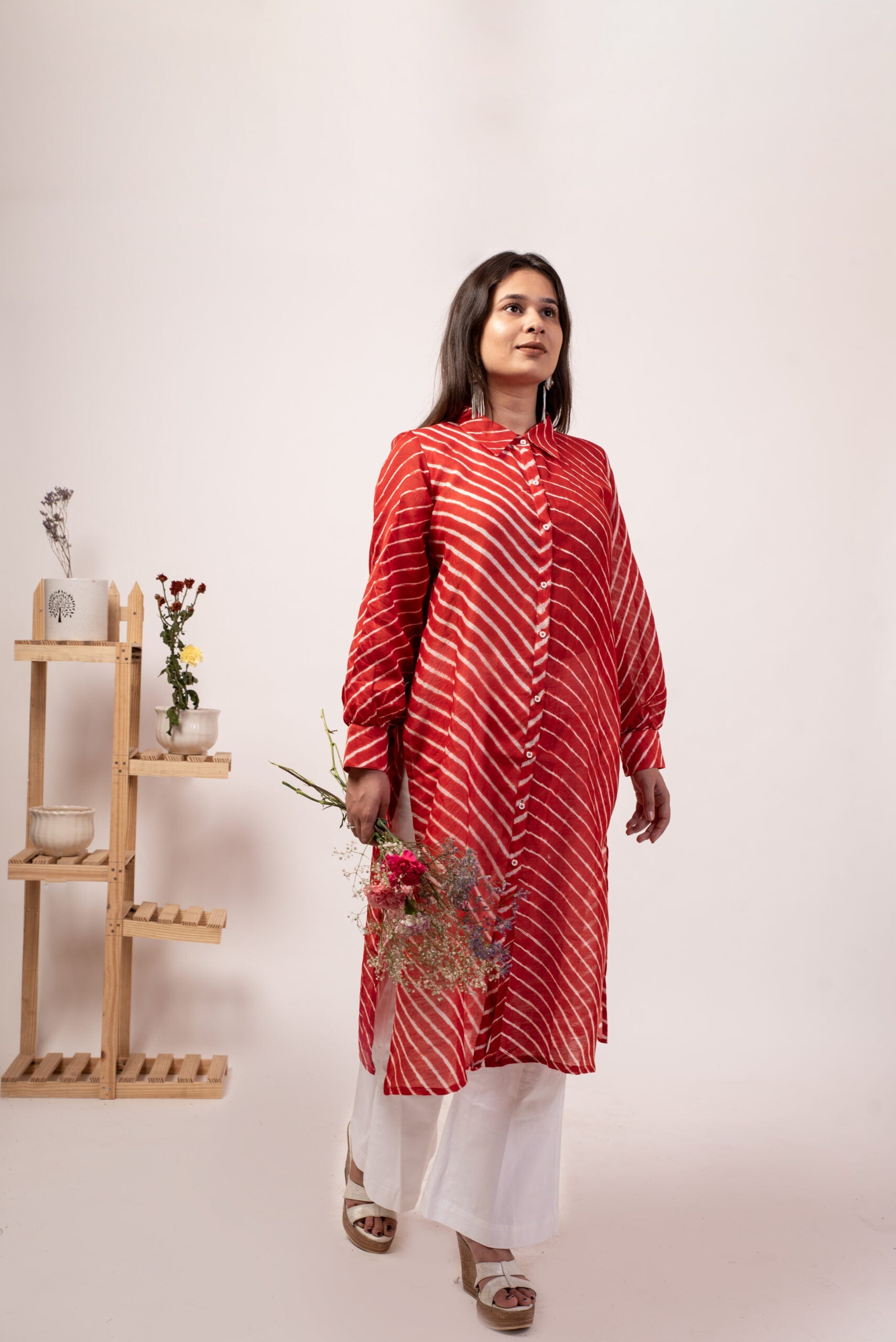 Elegant red lehriya kurta for women with a button-up design, perfect for casual outings