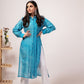 Beautiful blue Lehriya kurta set for women with a stylish button-up design and white palazzo pants