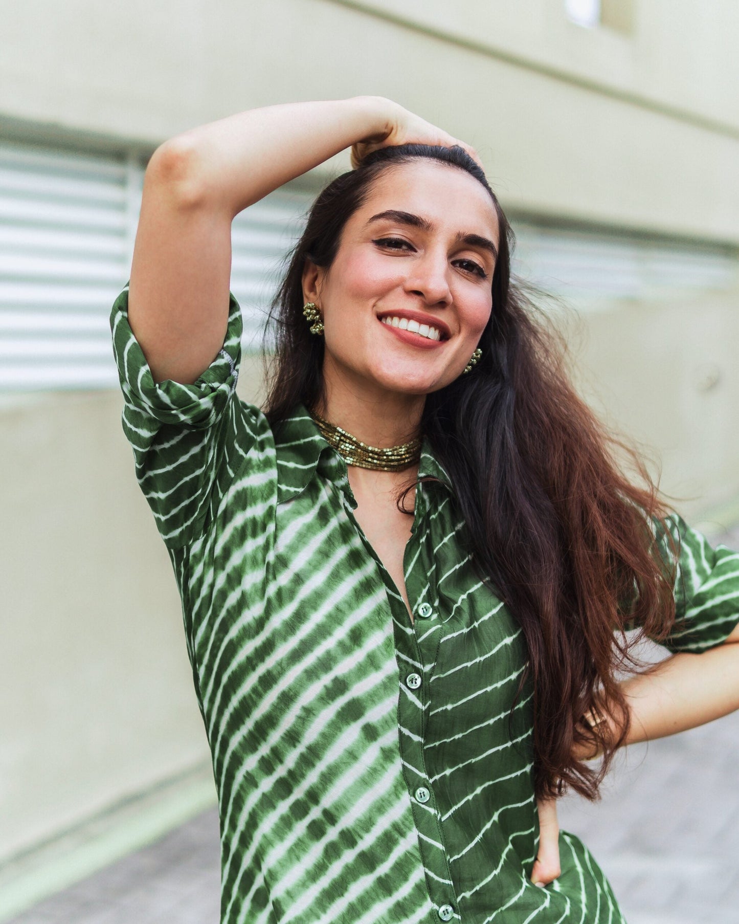 Stylish Stylera's Lehriya kurti for women in green with a button-down design perfect for casual outings