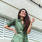 Green Lehriya kurti for women with a button-down front and short sleeves