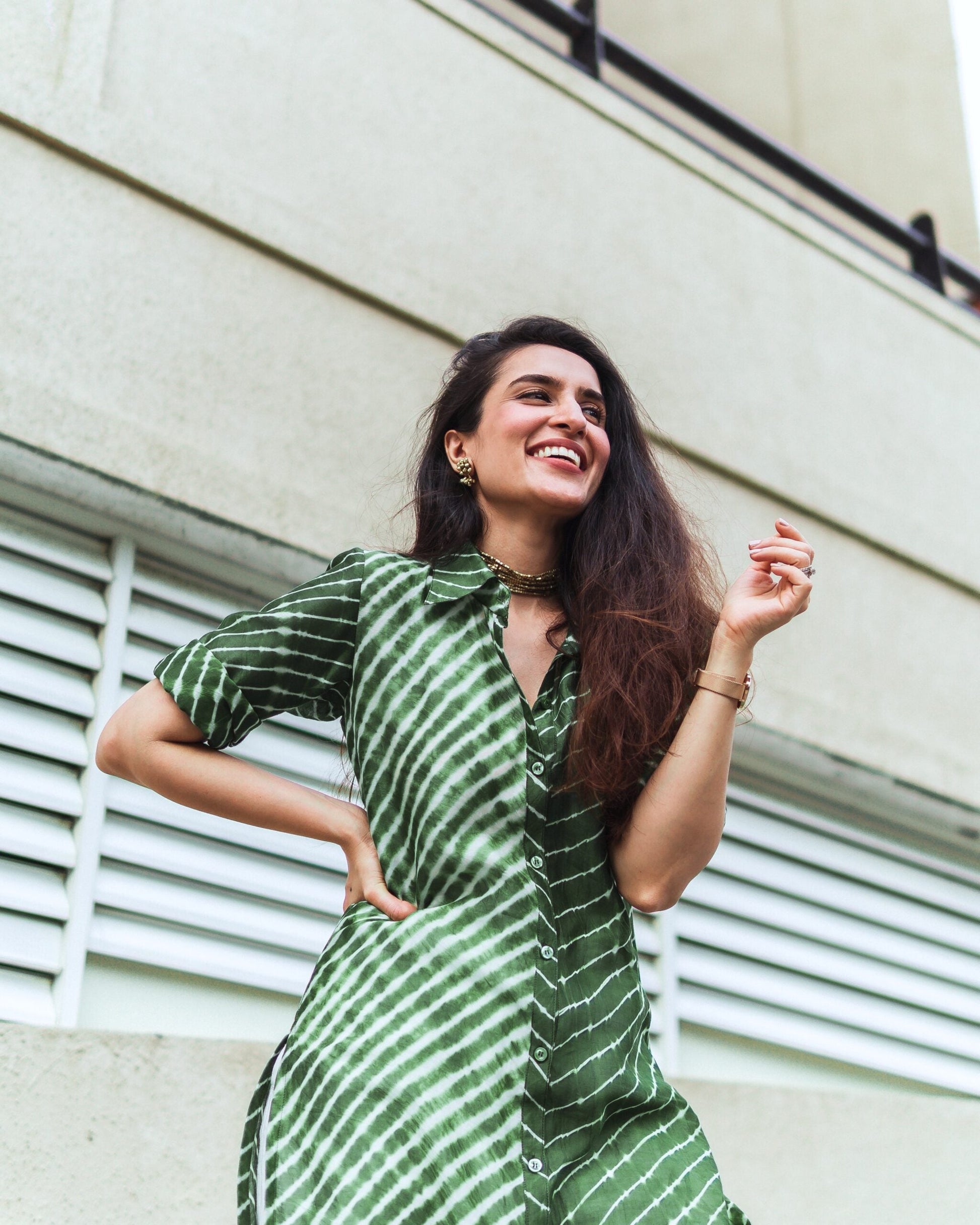 Green Lehriya kurti for women with a button-down front and short sleeves