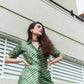 Chic green Lehriya kurti for women styled with a necklace and a modern vibe