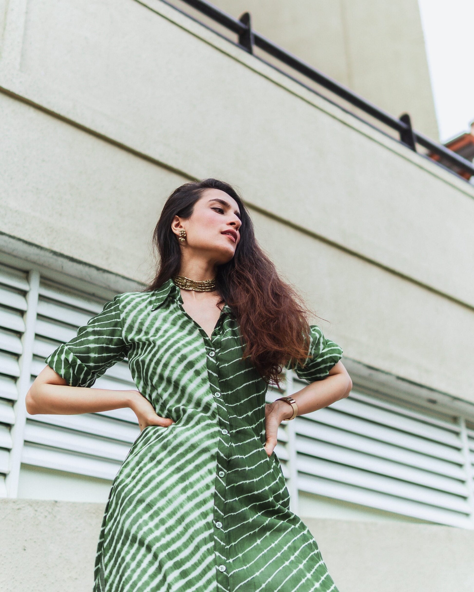 Chic green Lehriya kurti for women styled with a necklace and a modern vibe