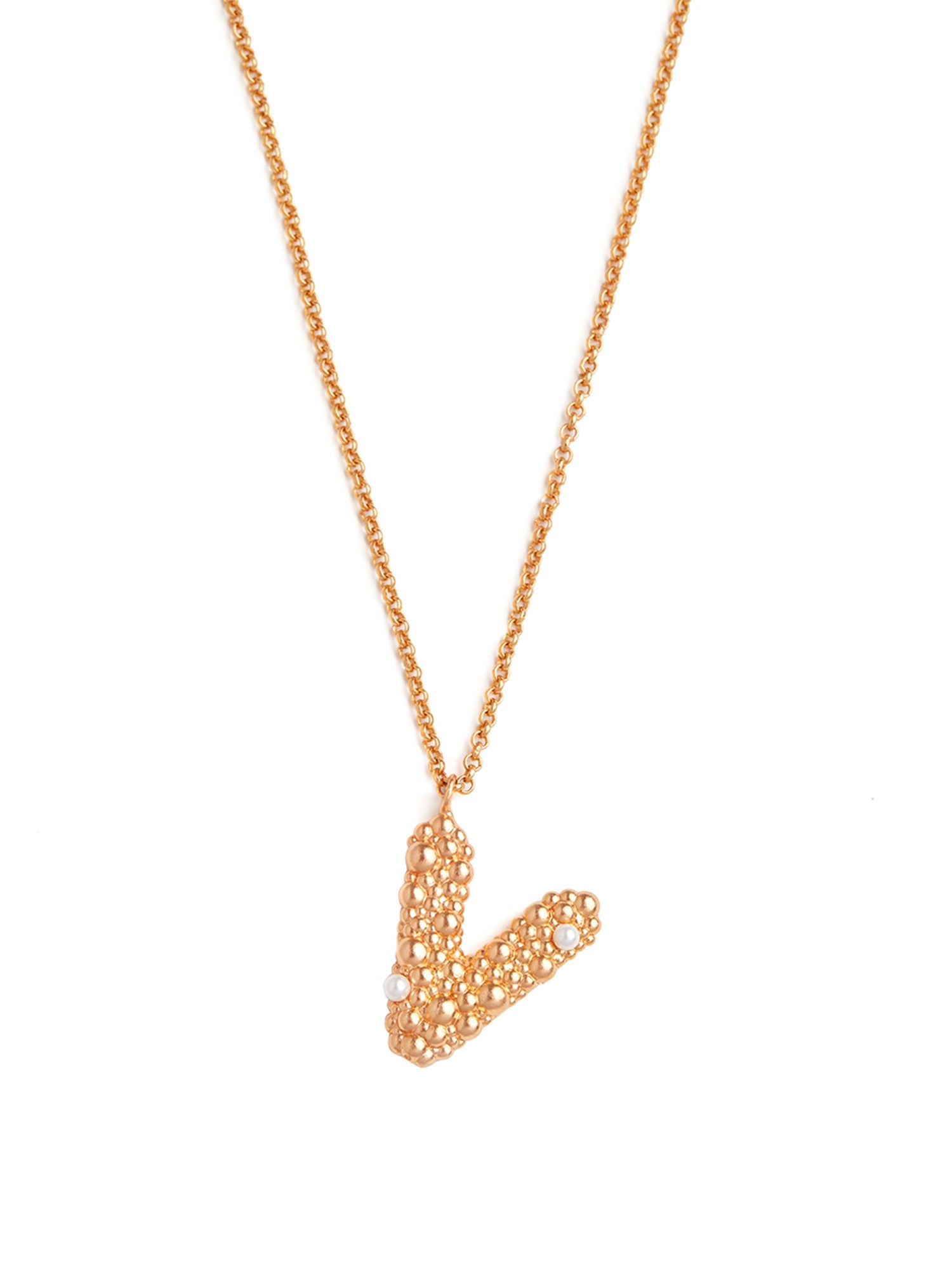 Stylera gold chain letter V pendant necklace with textured filigree V charm and small pearl accent