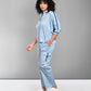 Light blue denim matching set styled with a relaxed fit top and cargo pants for a trendy look