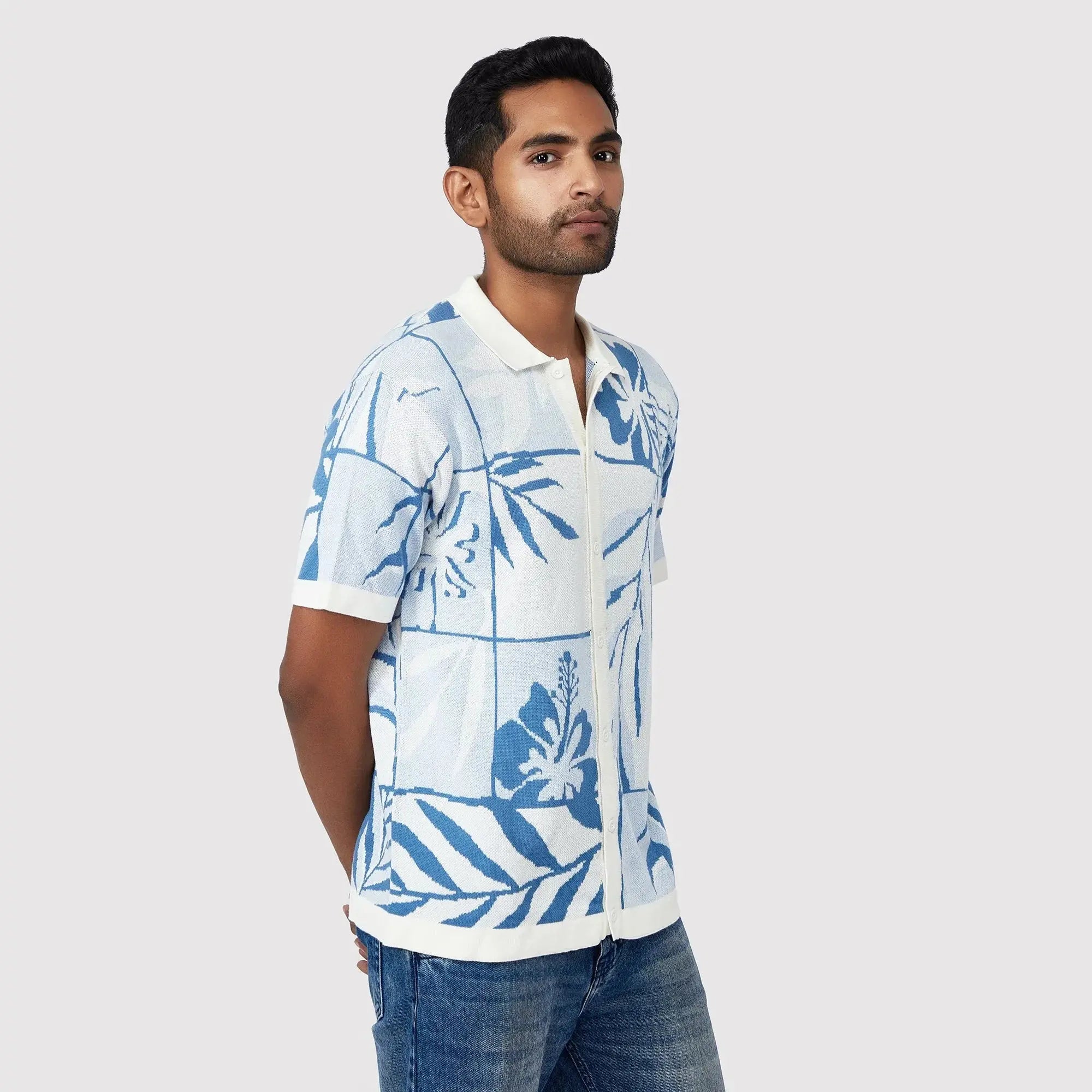 Stylish lightweight beachwear shirt with a blue floral pattern, perfect for summer outings
