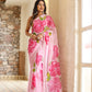 Lightweight party wear saree in pink with floral prints, perfect for festive occasions