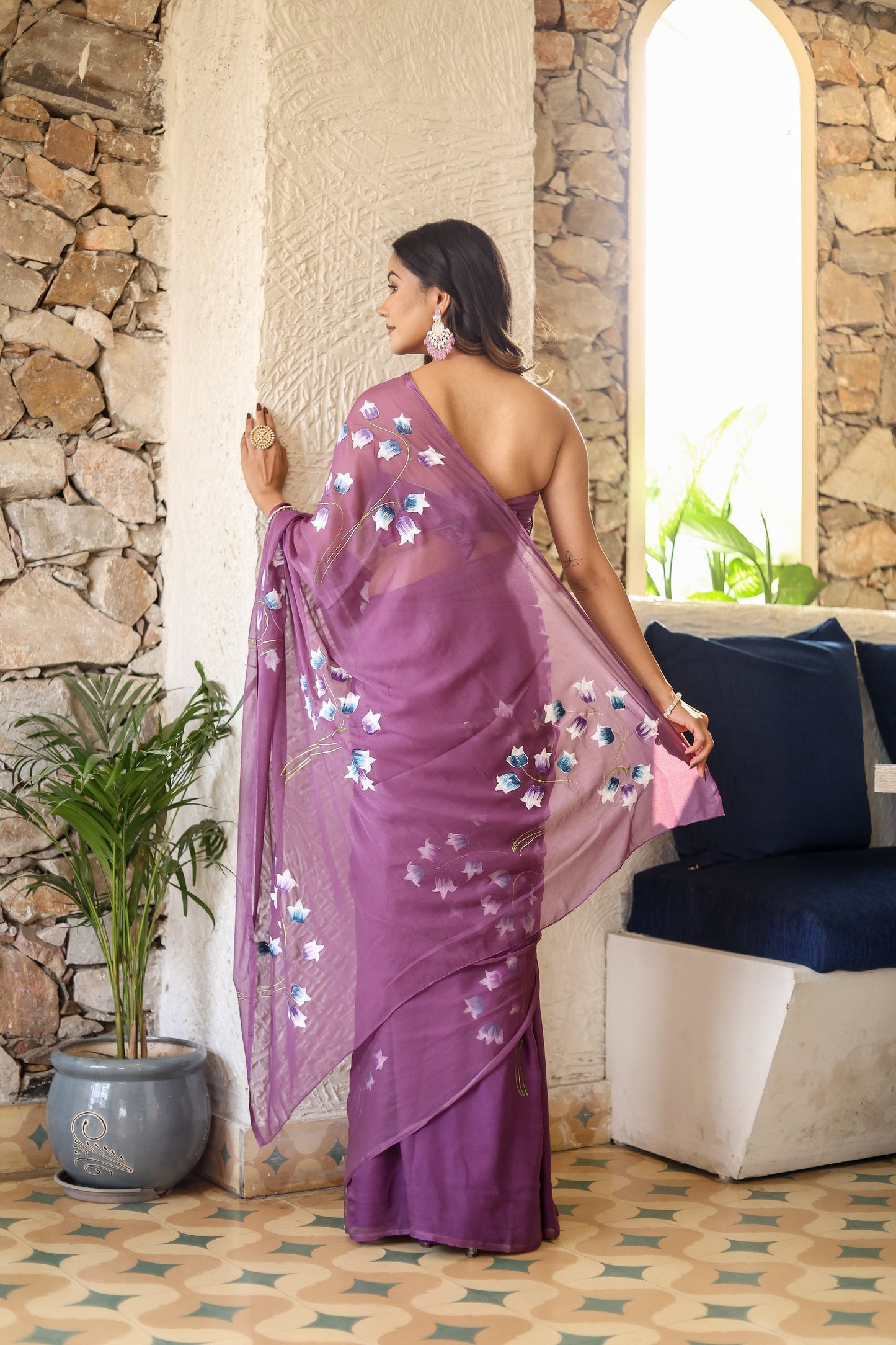 Elegant lightweight party wear saree in purple with floral embroidery for stylish occasions