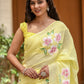 Elegant lightweight party wear saree in soft yellow with floral embroidery, perfect for festive occasions