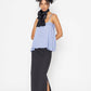 Stylera long black skirt with slit styled with light blue top and black neck scarf