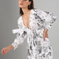 Stylera long sleeve casual midi dress white black scenic print wrap dress with deep V neckline and tie waist
