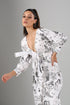 Stylera long sleeve casual midi dress white black scenic print wrap dress with deep V neckline and tie waist