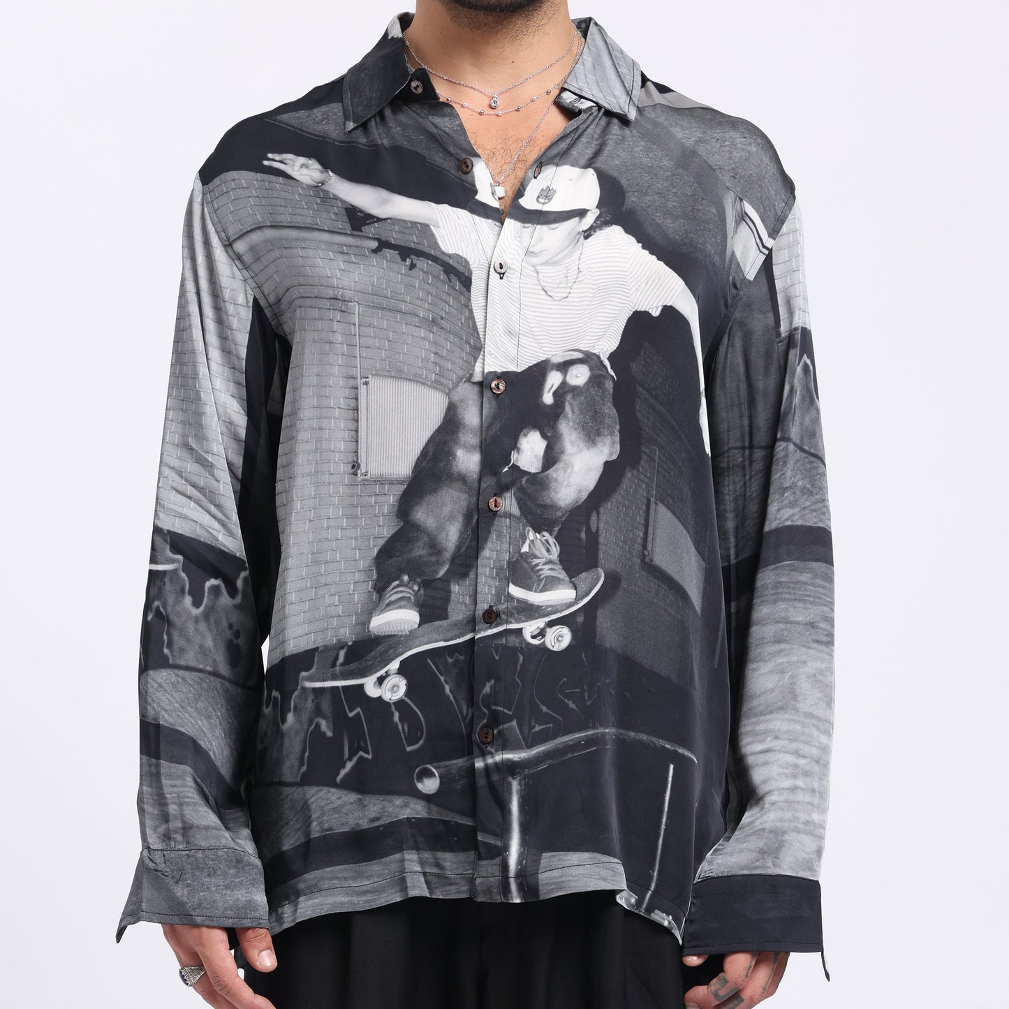 Stylera long sleeve urban skater shirt featuring a vibrant skateboarder graphic design