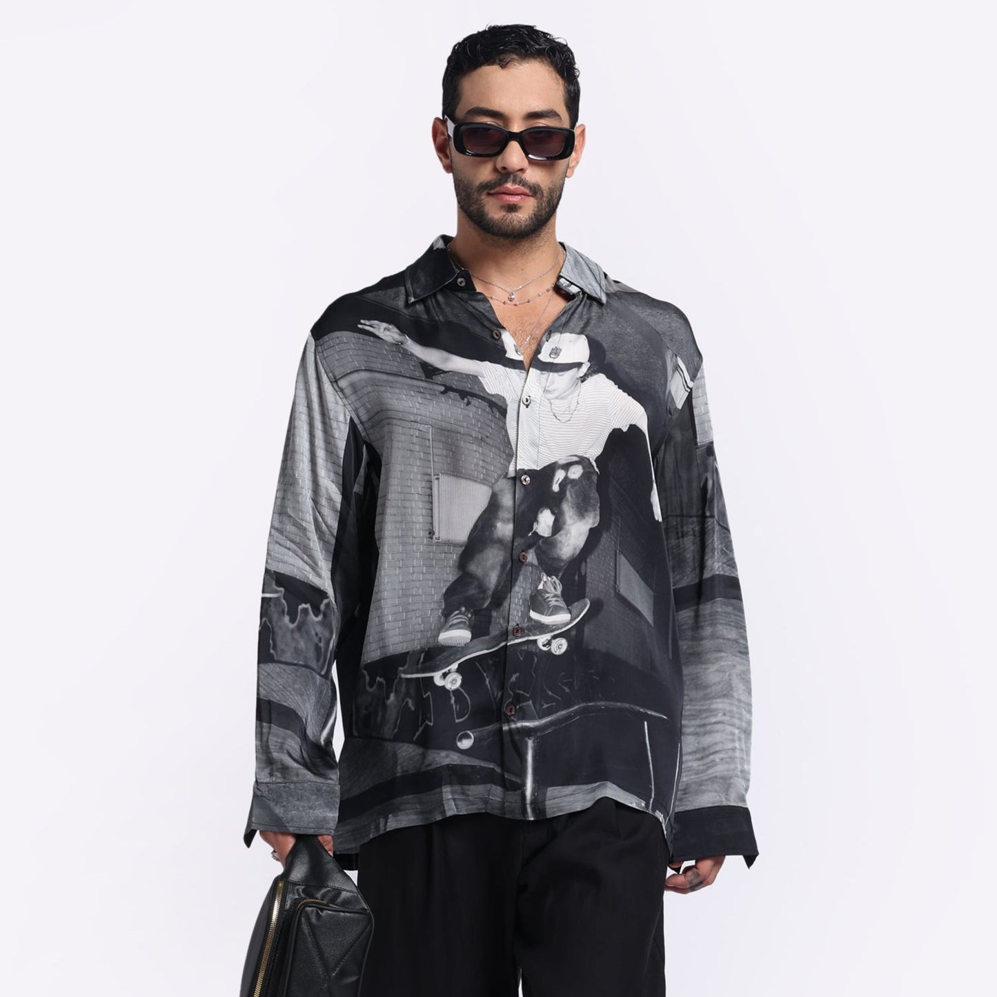 Stylera long sleeve urban skater shirt featuring a bold graphic print of a skater in action