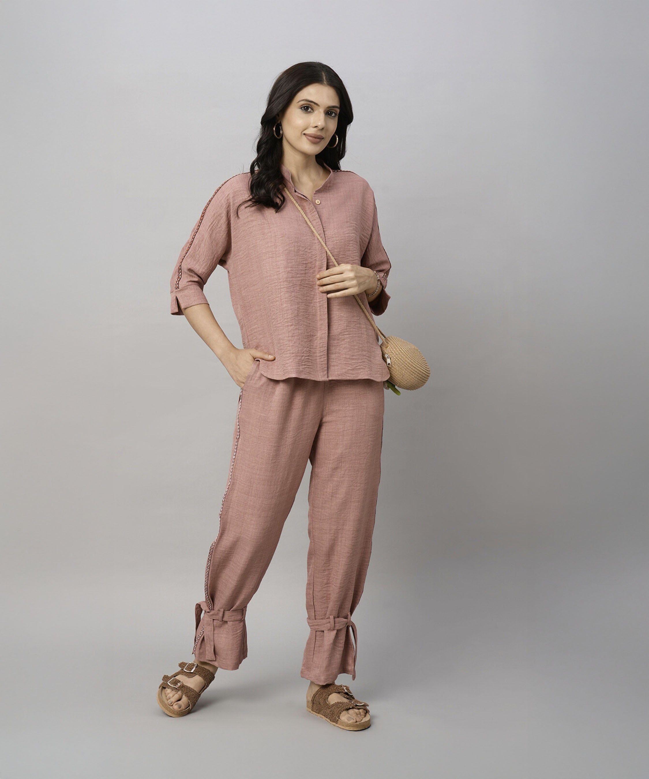 Stylera loose shirt and tie up pant set in pink with relaxed fit and stylish details