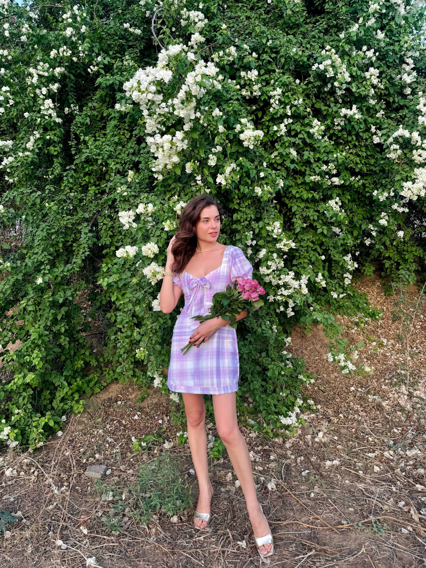 Model wearing trendy short sleeve mini dress purple gingham holding pink roses by white flowering hedge
