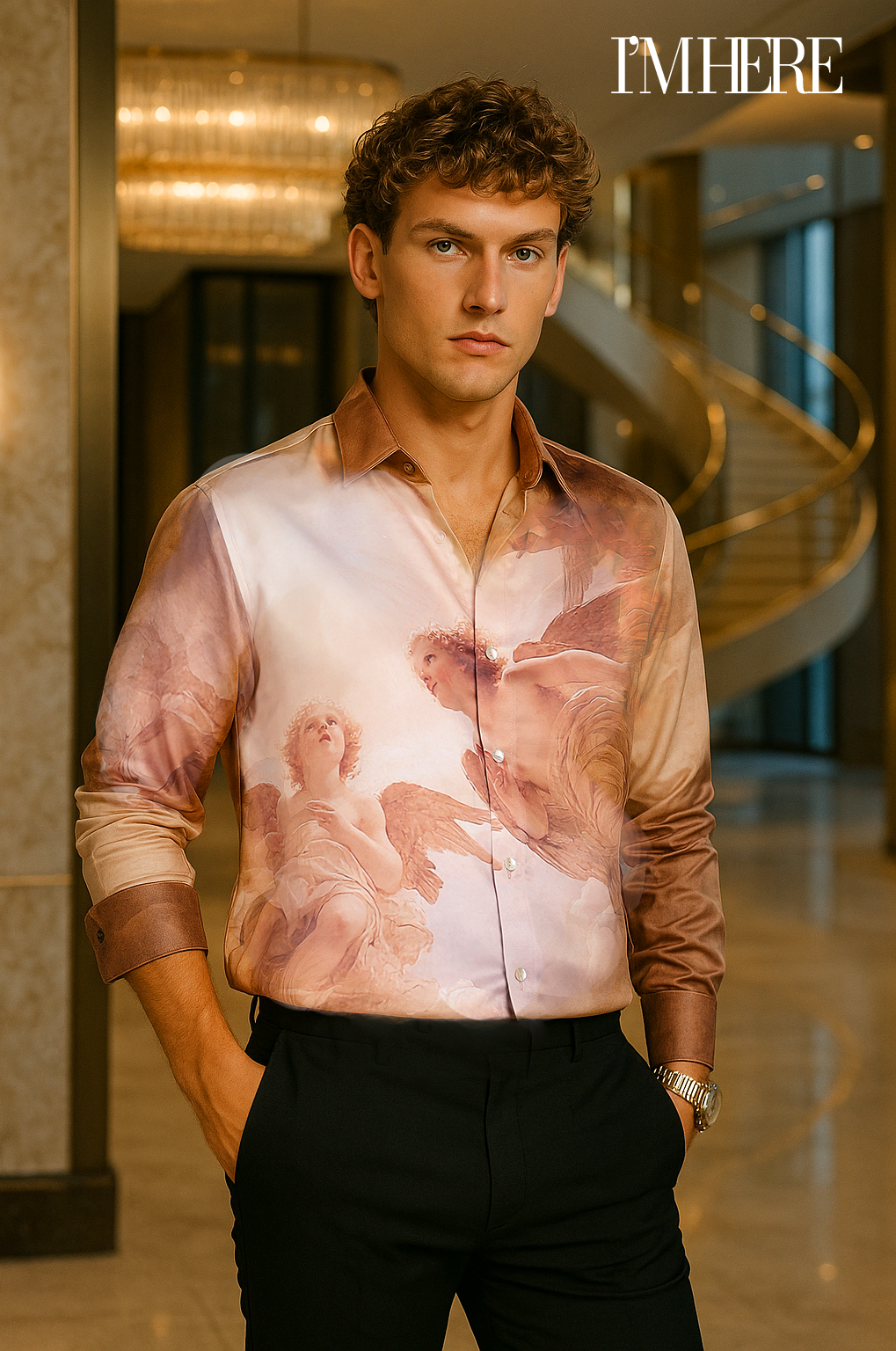 Model wearing Stylera luxury art print men's shirt with classical angel painting design in upscale hotel lobby