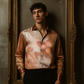 Stylera luxury art print men's shirt satin bronze with classical cherub artwork and gold frame backdrop