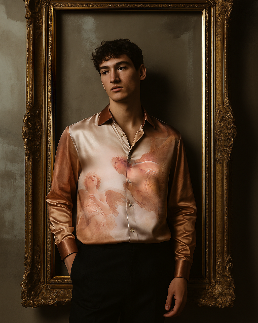 Stylera luxury art print men's shirt satin bronze with classical cherub artwork and gold frame backdrop