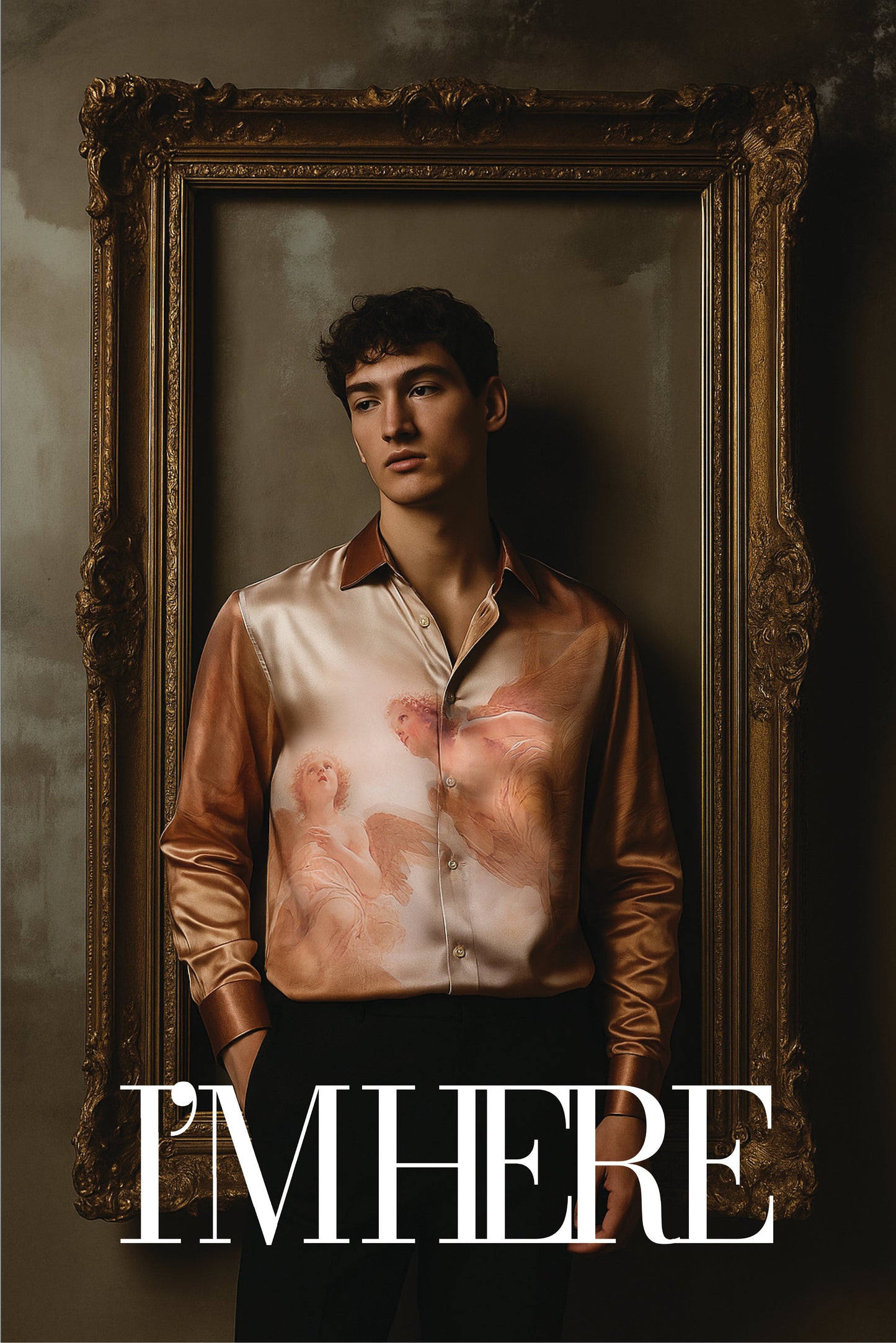 Stylera luxury art print men's shirt satin button up with classical cherub painting print in ornate frame