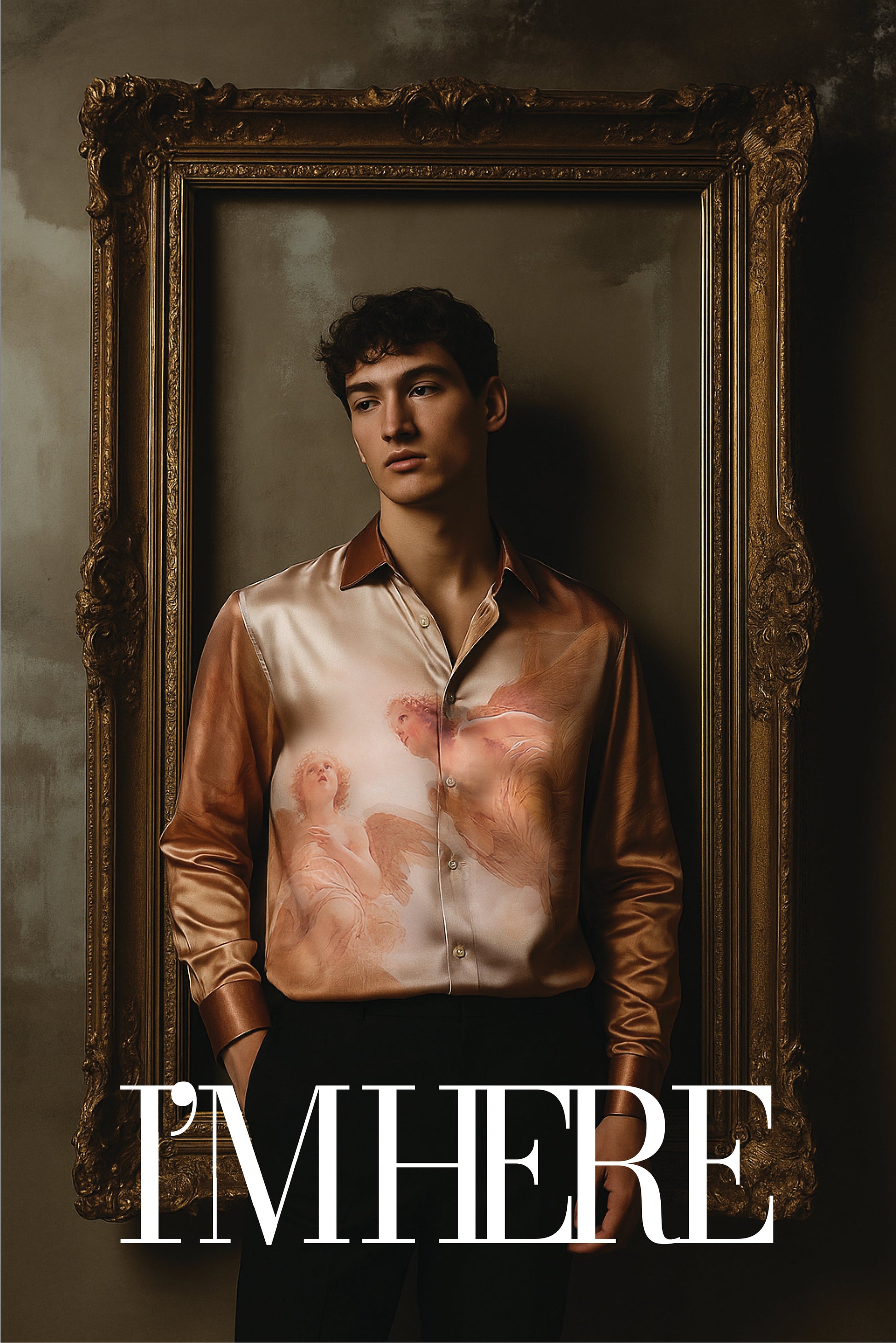 Stylera luxury art print men's shirt satin button up with classical cherub painting print in ornate frame