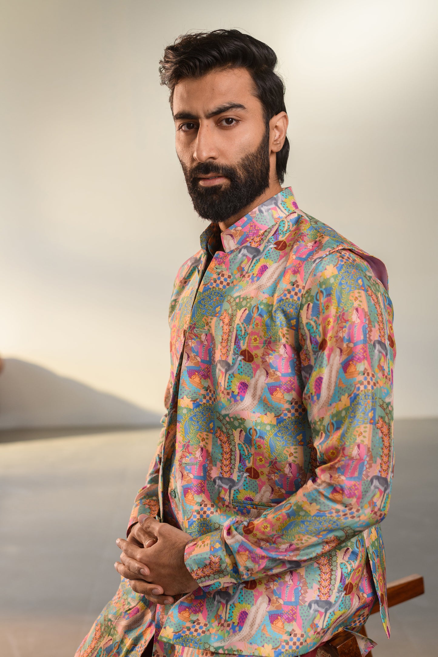 Stylera Kurta Jacket Set in vibrant prints, perfect for luxury ethnic wear for men