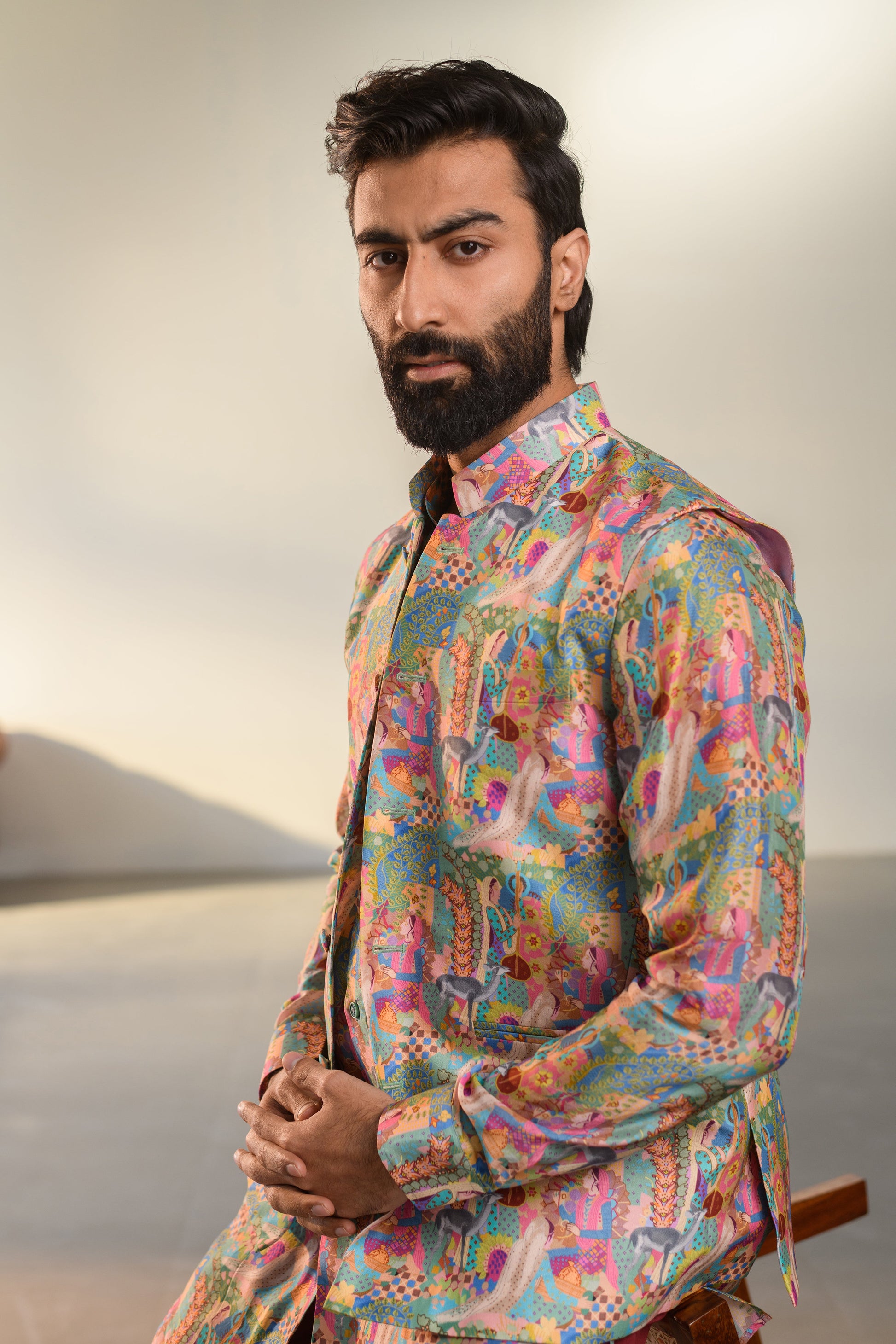 Stylera Kurta Jacket Set in vibrant prints, perfect for luxury ethnic wear for men