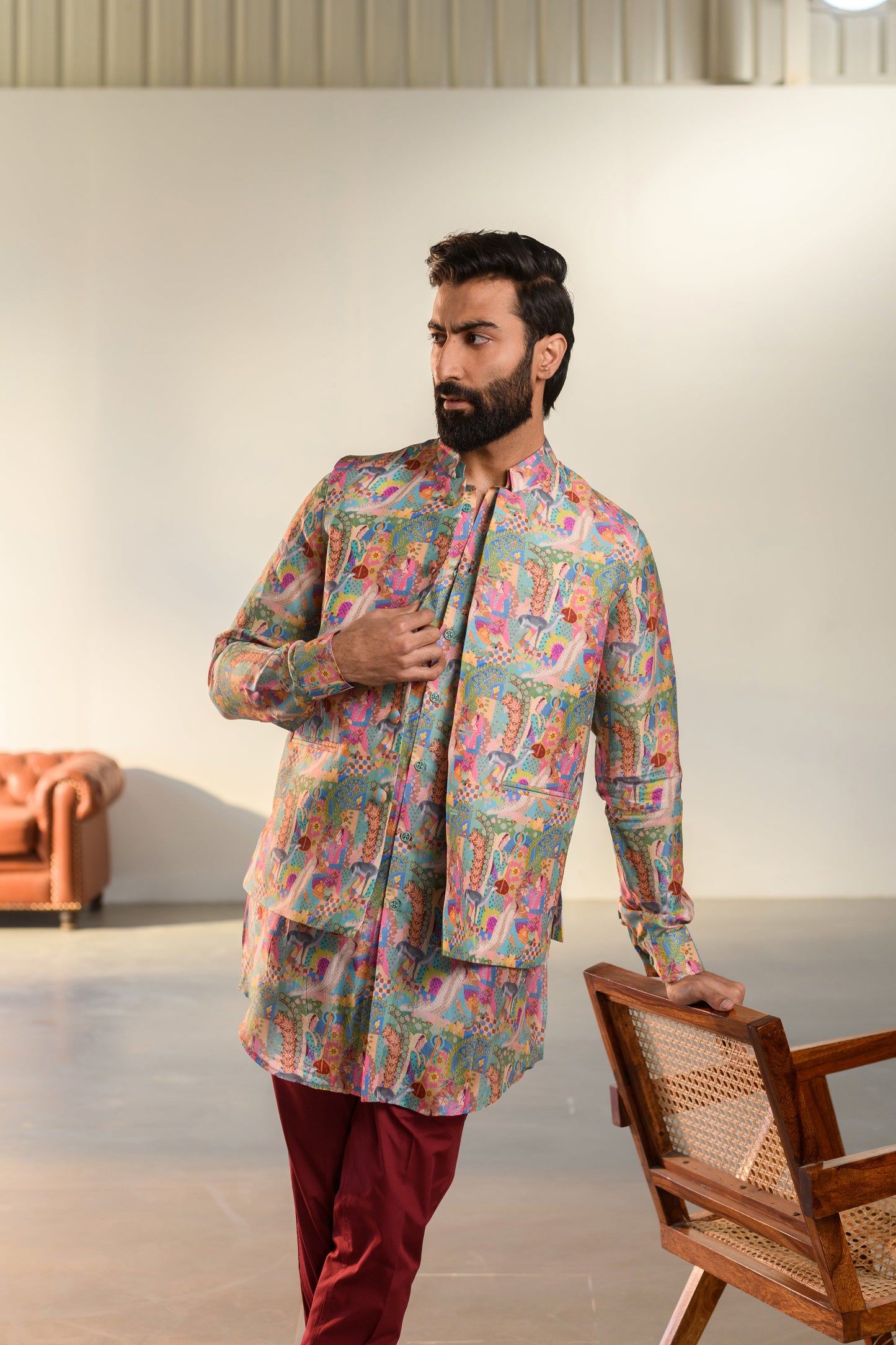 Stylera Kurta Jacket Set in vibrant print, a perfect choice for luxury ethnic wear for men.