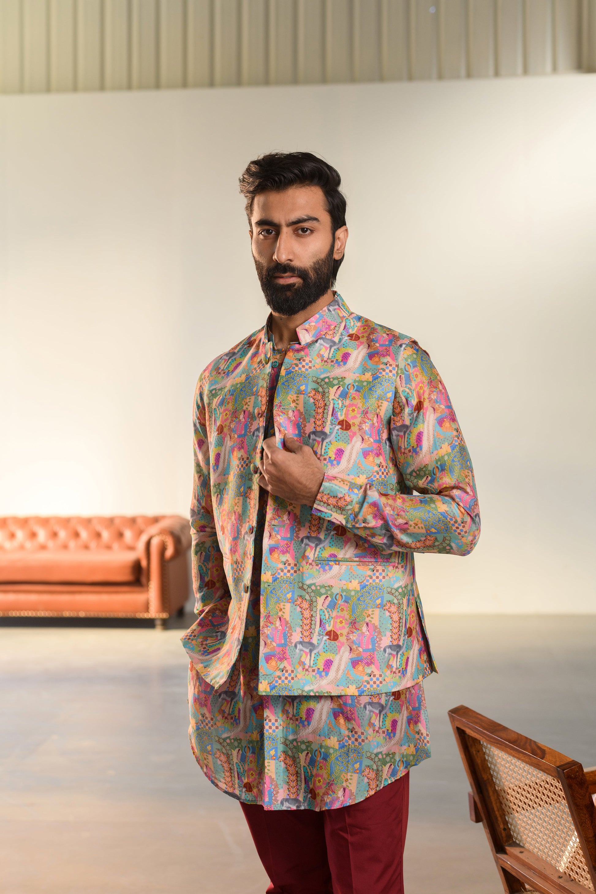 Stylera Kurta Jacket Set in vibrant patterns, perfect luxury ethnic wear for men