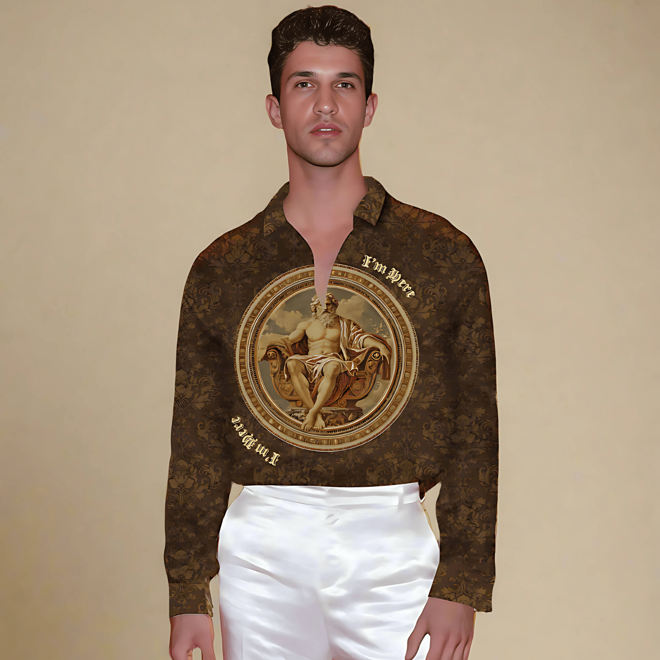 Stylera brown ornate silk shirt with classical medallion print and open collar luxury fashion shirt for men