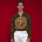 Stylera brown patterned satin shirt with gold medallion print and open collar paired with white pants luxury fashion shirt for men