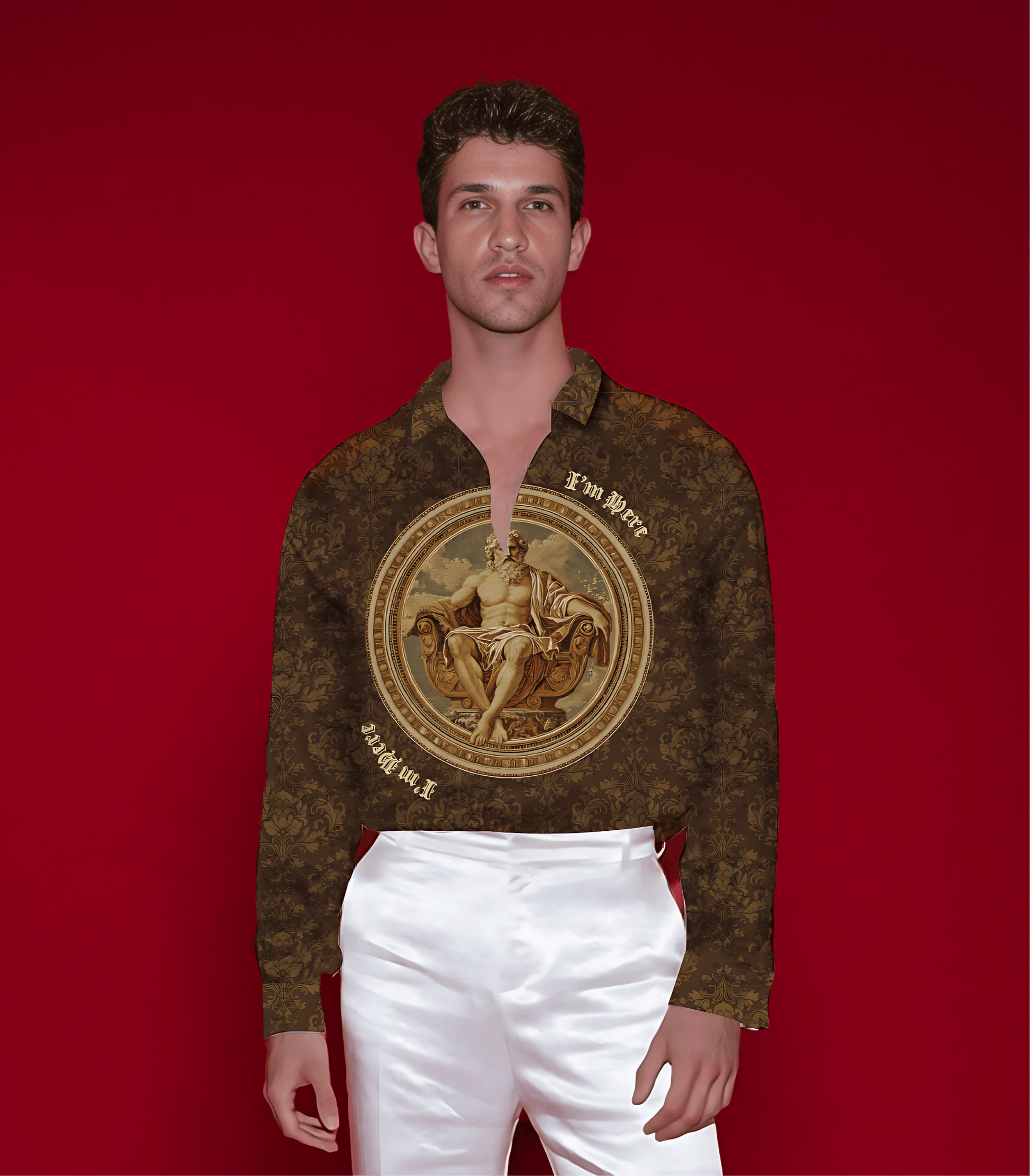 Stylera brown patterned satin shirt with gold medallion print and open collar paired with white pants luxury fashion shirt for men