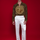 Stylera model wearing luxury fashion shirt for men brown medallion print long sleeve paired with white satin pants and black shoes