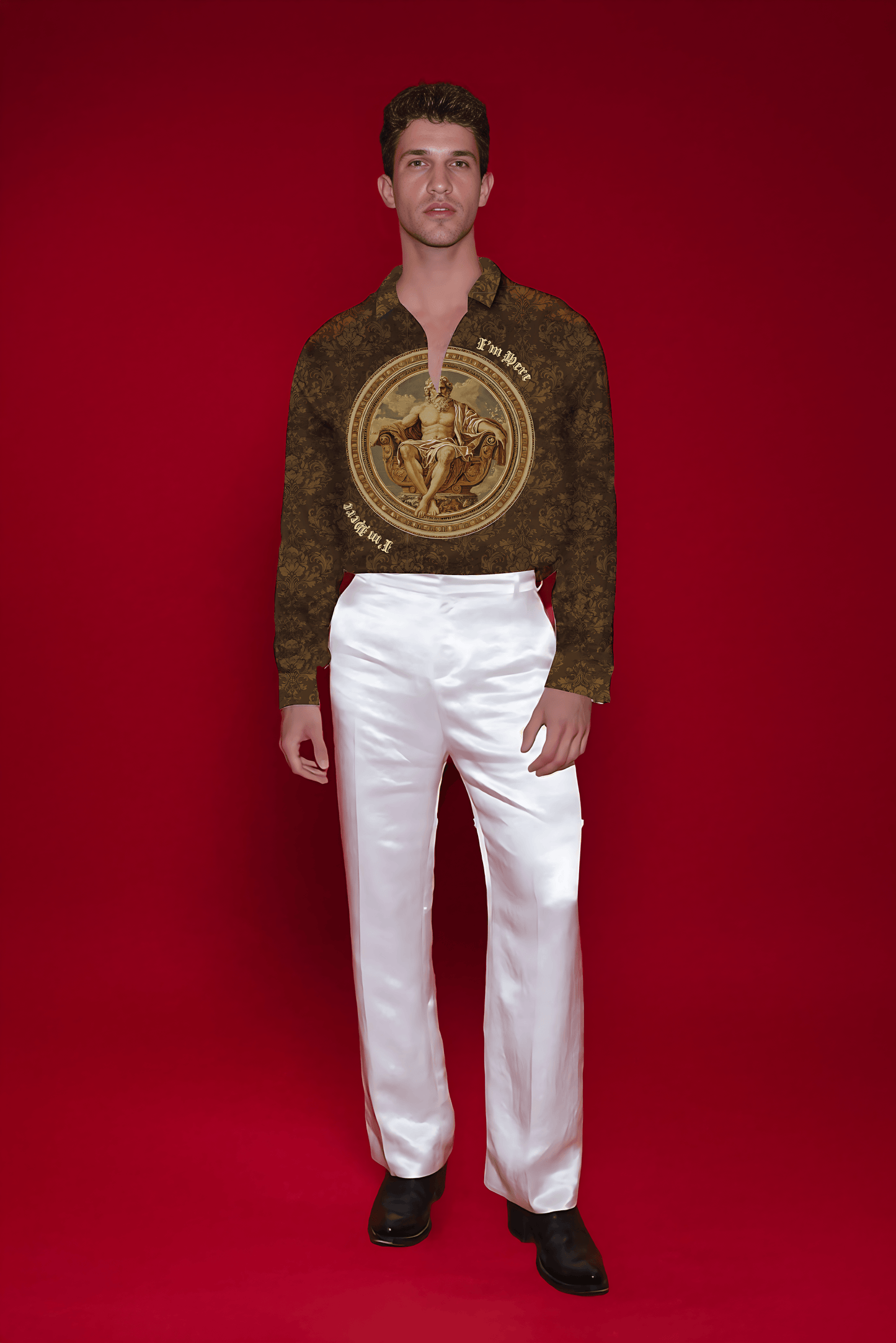 Stylera model wearing luxury fashion shirt for men brown medallion print long sleeve paired with white satin pants and black shoes