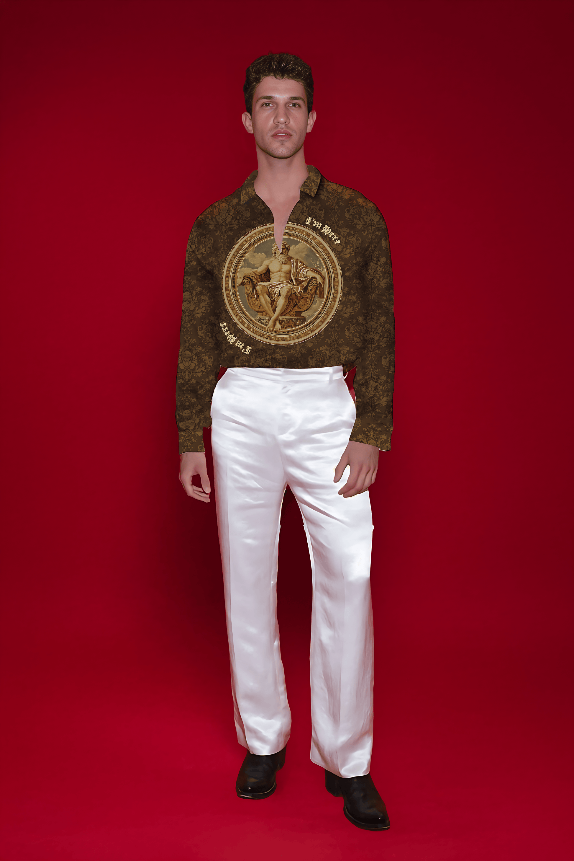 Stylera model wearing luxury fashion shirt for men brown medallion print long sleeve paired with white satin pants and black shoes