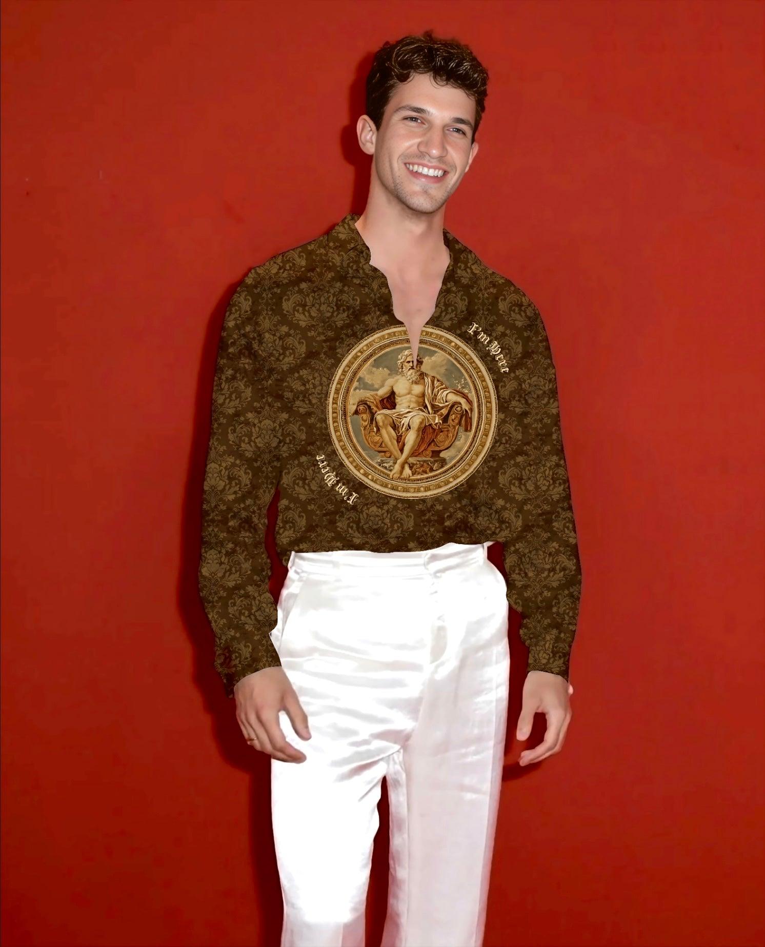 Stylera luxury fashion shirt for men brown baroque medallion patterned shirt worn with white satin pants on red