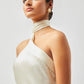 Stylera luxury long gown in elegant satin with one-shoulder design and neck wrap detail