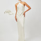 Stylera luxury long gown in ivory with a halter neck and flowing scarf detail