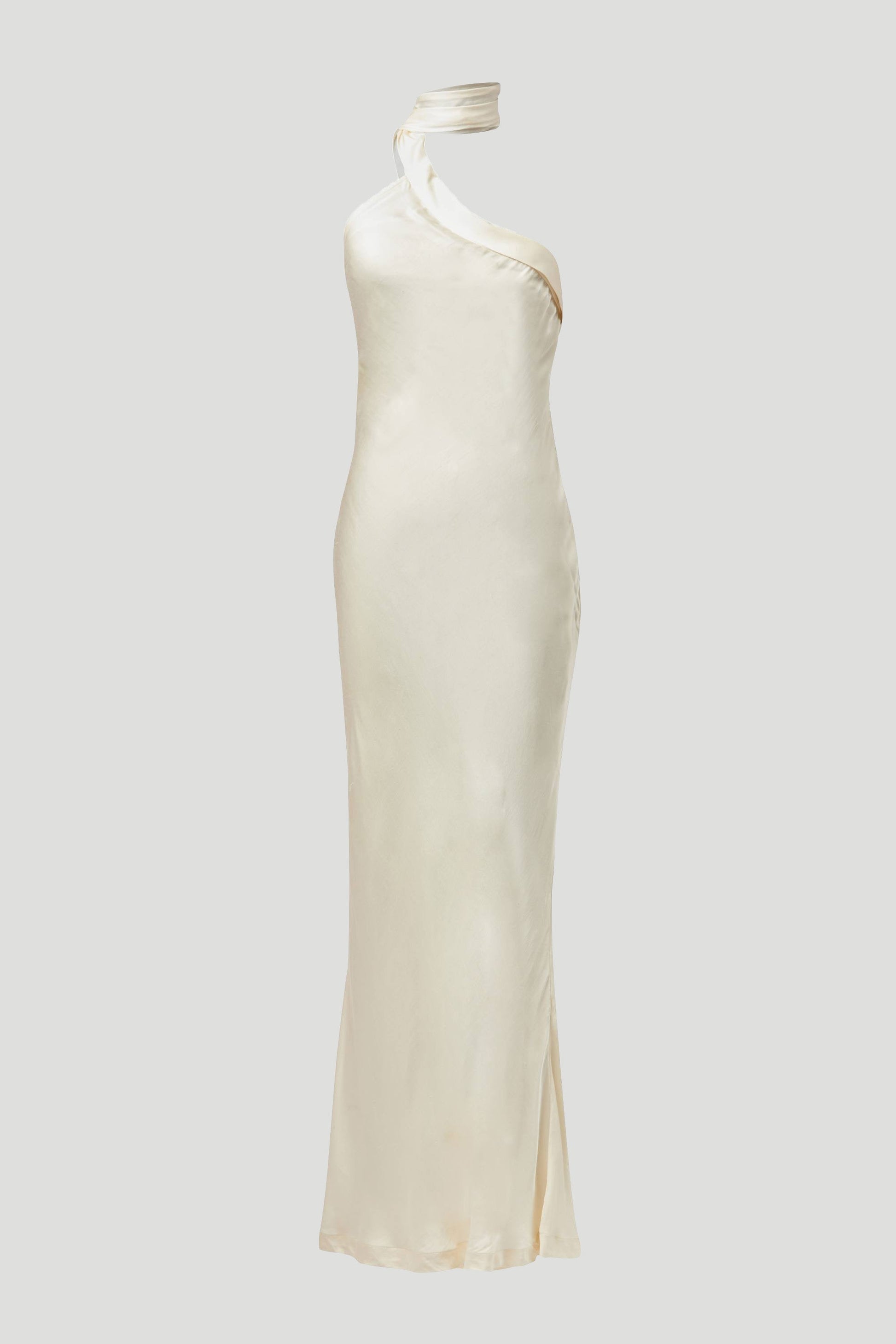 Stylera luxury long gown in elegant ivory satin with one-shoulder design and slim fit