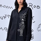 Mad Hatter wool shirt by Stylera black long sleeve button down with white illustration
