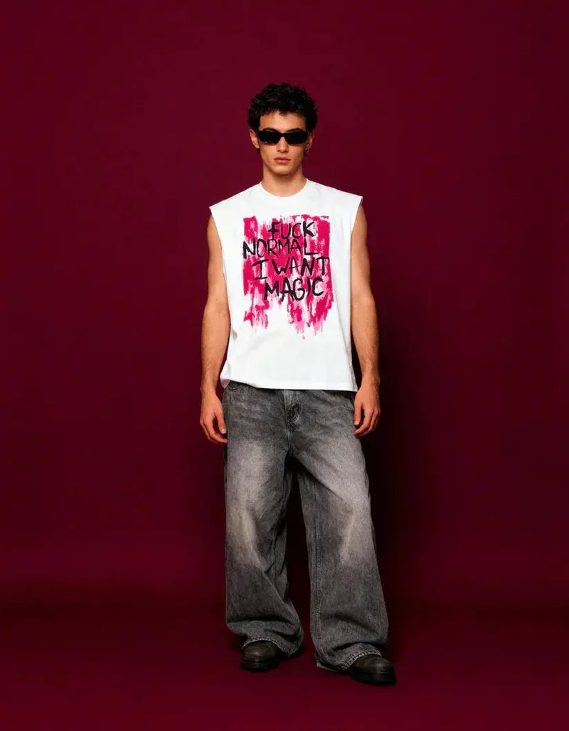 Person wearing a sleeveless shirt with text and graphics on a red background