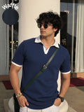 Navy Blue Solid Waffle Cut Away Collar Polo T-Shirt
