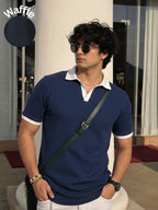 Navy Blue Solid Waffle Cut Away Collar Polo T-Shirt