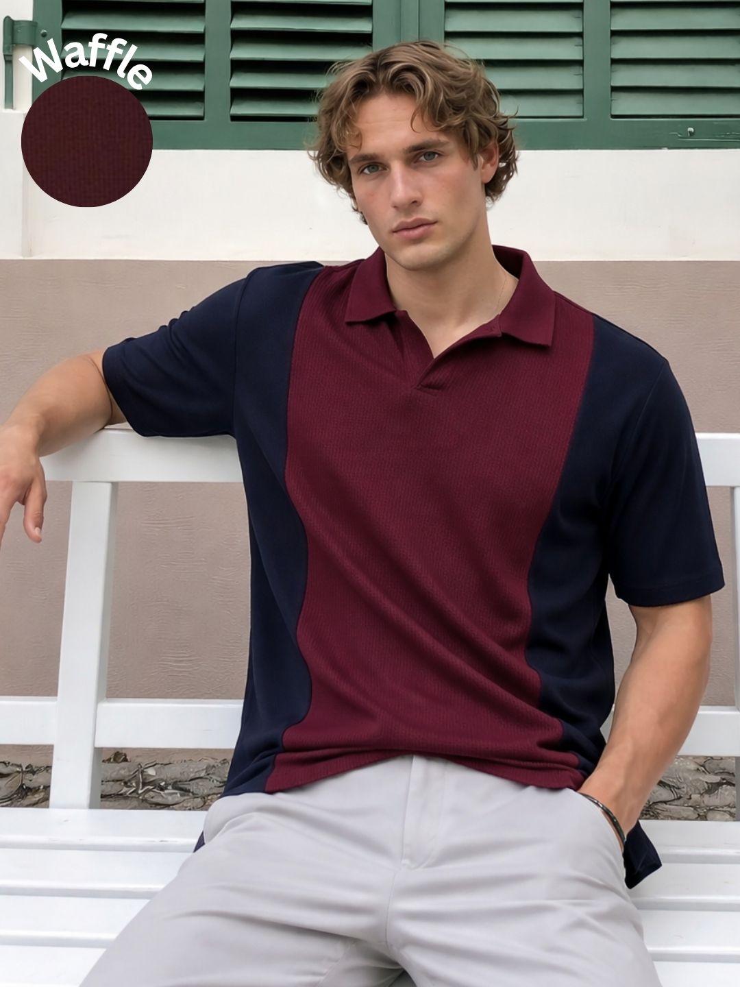 Wine Colorblock Terry Cut Away Collar Polo T-Shirt