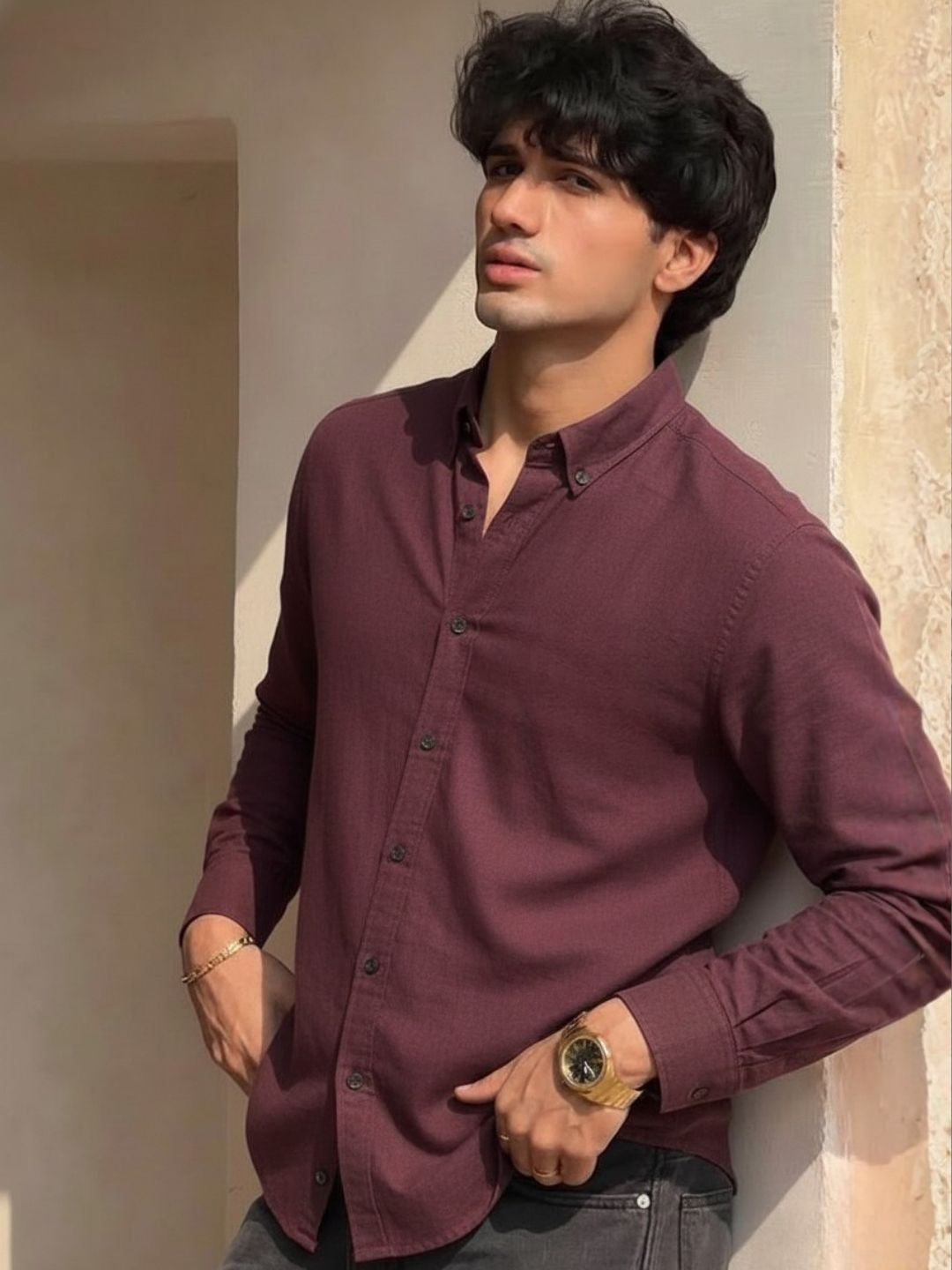 Wine Solid Cotton Cut Away Collar Full Sleeves Shirt