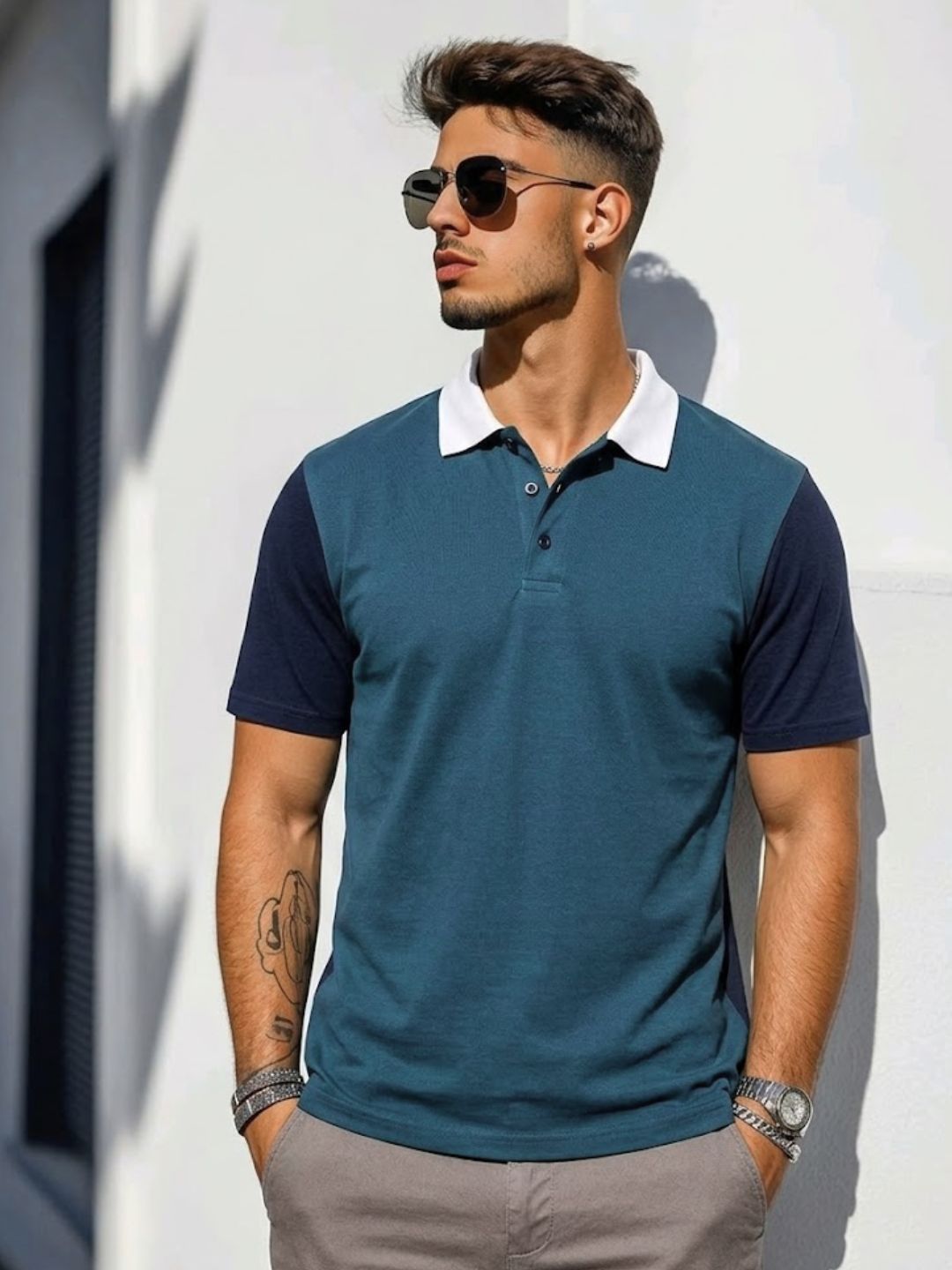 Teal Blue Contrast Half Sleeve Polo T-Shirt