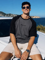 Grey Jersey Colorblock Round Neck Oversized T-Shirt