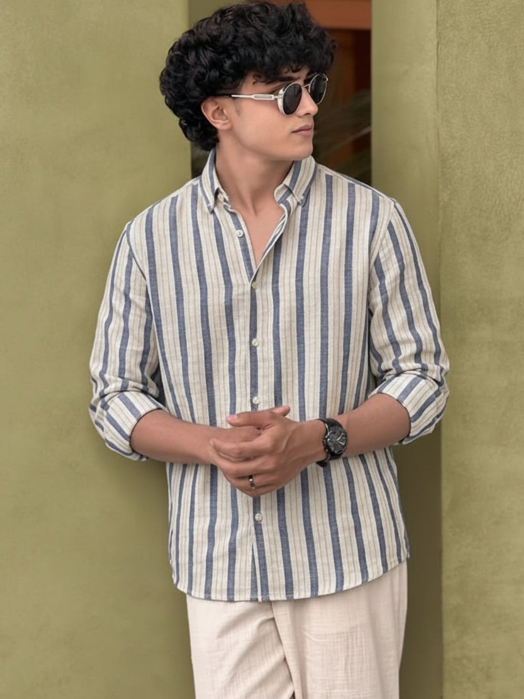 White Stripe Viscose Cut Away Collar Full Sleeves Shirt