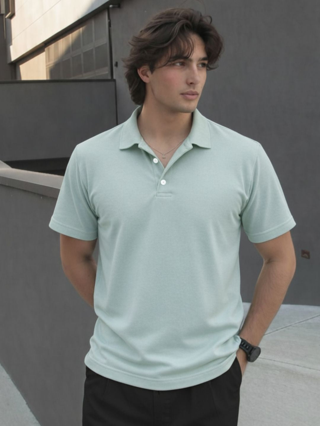 Jade Green Solid Terry Cut Away Collar Regular Fit Polo T-Shirt